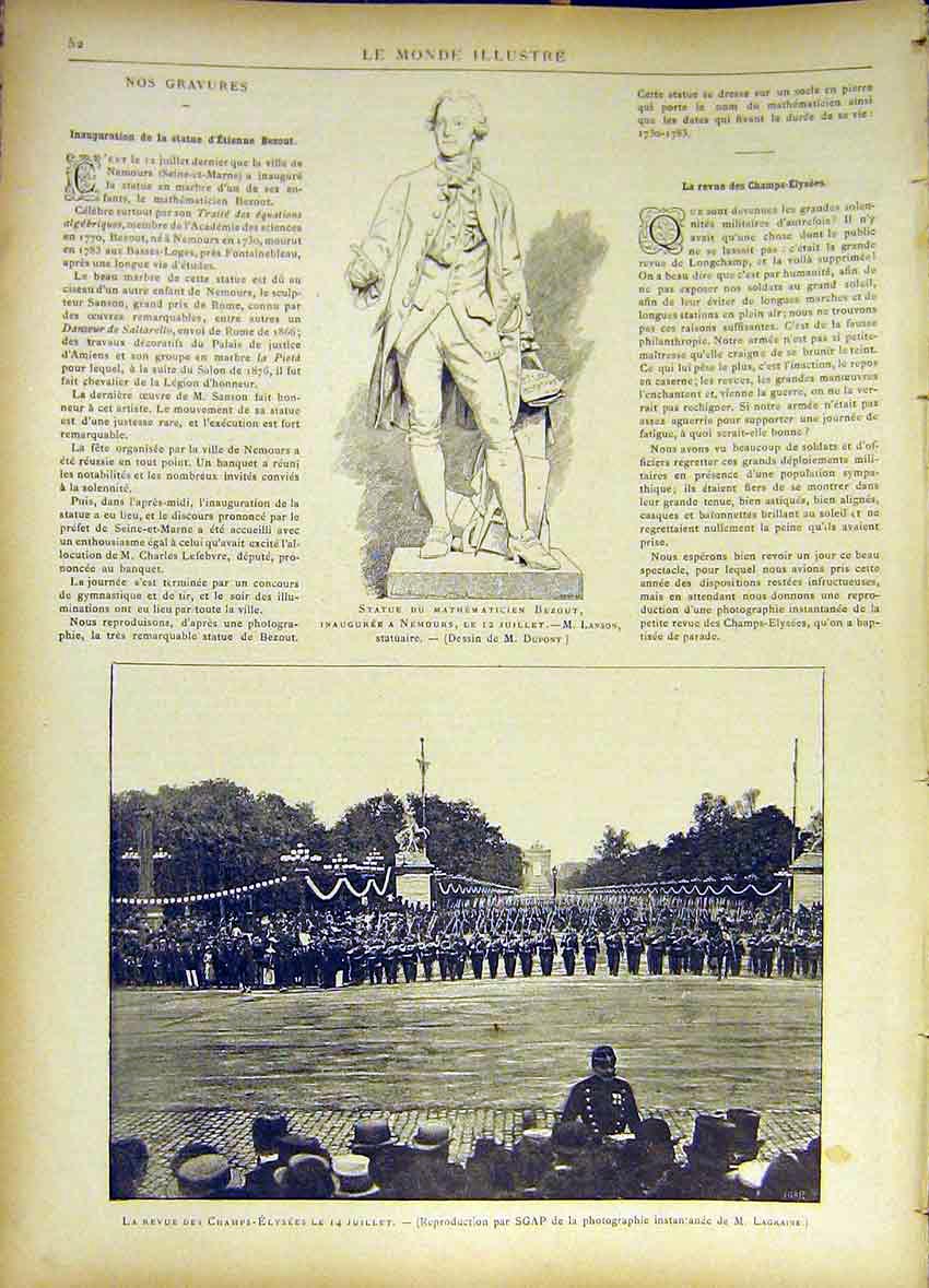 Old Antique Print Statue Bezout Mathematician Nemours Champs-Elysees 1885 19th