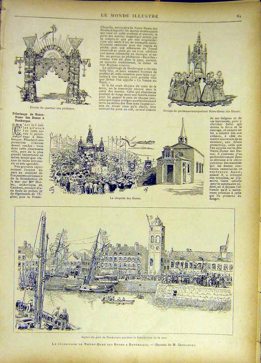 Original Old Antique Print Notre-Dame Dunes Dunkirk Procession France 1885 19th