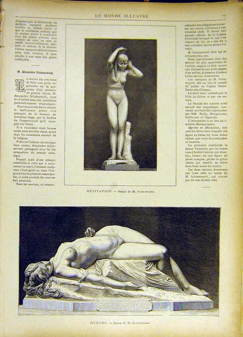 Original Old Antique Print Sculpture Hestation Myrtho Schoenewerk 1885 Victorian
