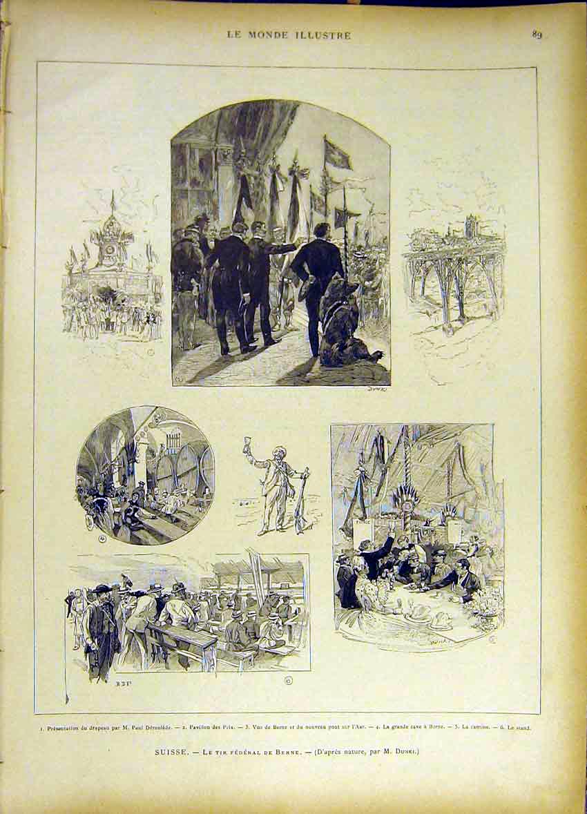 Original Old Antique Print Switzerland Swiss Berne Deroulede Aar French 1885