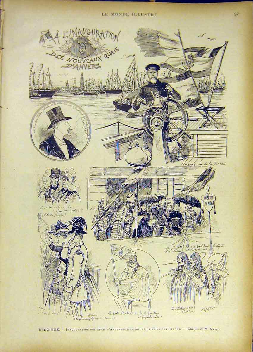 Original Old Antique Print Belgium Anvers Inauguration Quay Sketches 1885 19th