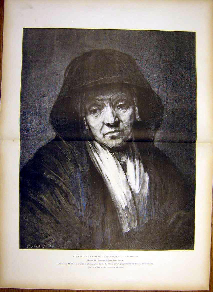 Original Old Antique Print Portrait Mother Rembrandt Fine Art French 1885 19th