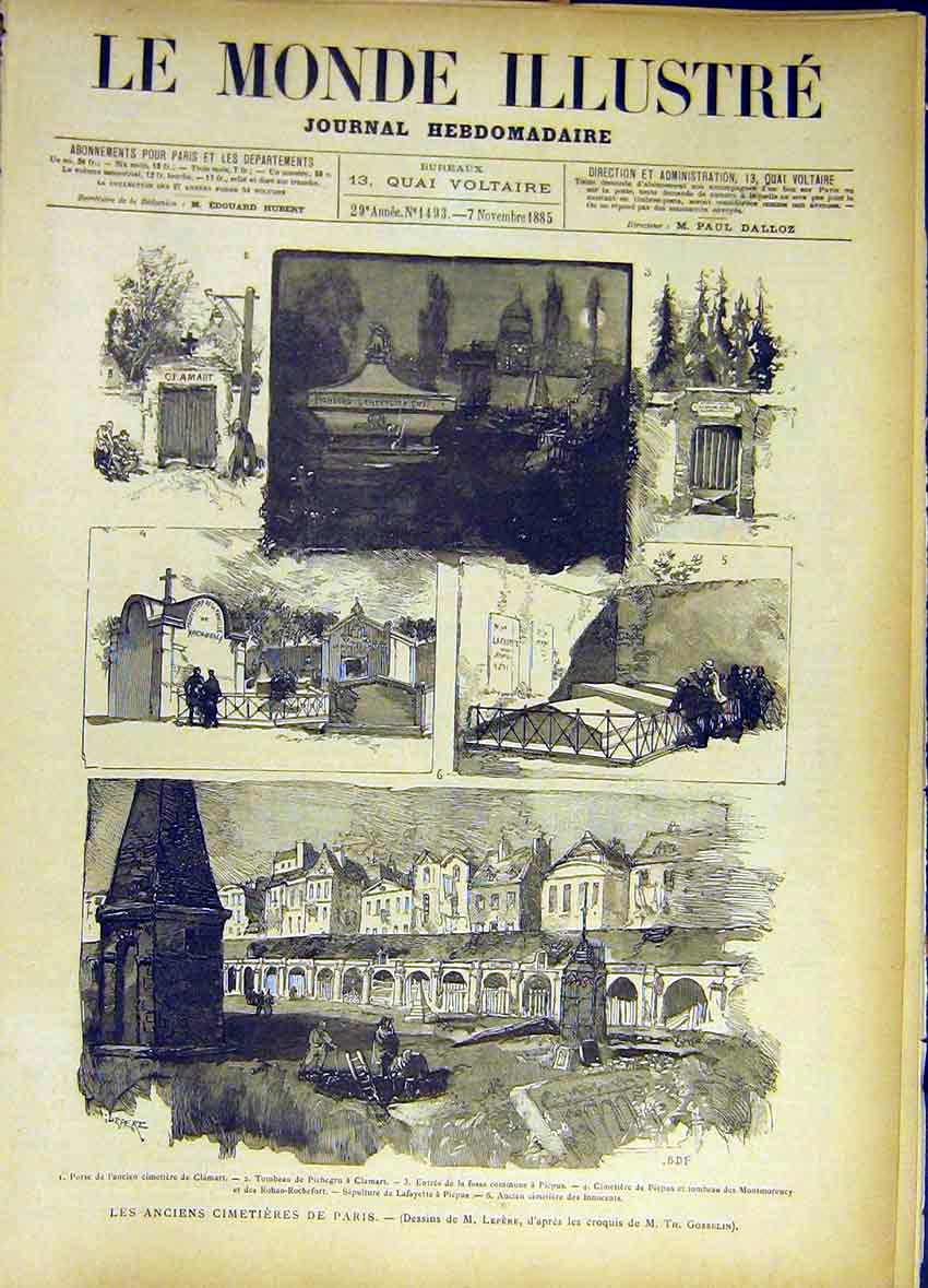 Original Old Antique Print Cemetery Paris France Clamart Picpus Lafayette 1885