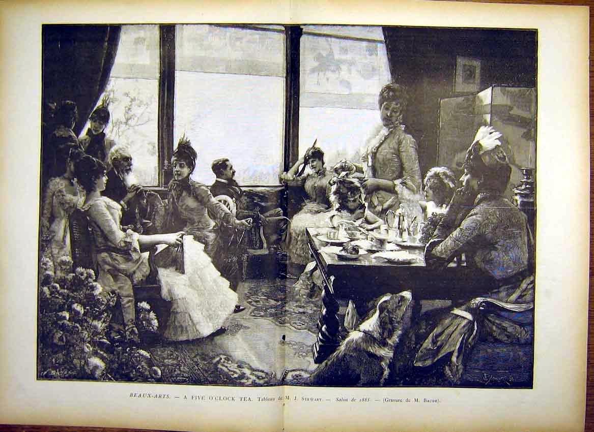 Old Antique Print Five-O-Clock Tea Stewart Children Ladies Fine Art 1885 19th
