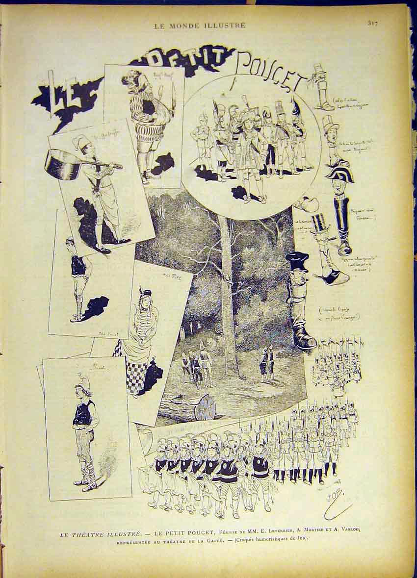 Original Old Antique Print Sketches Petit-Poucet Theatre Leterrier Job 1885 19th