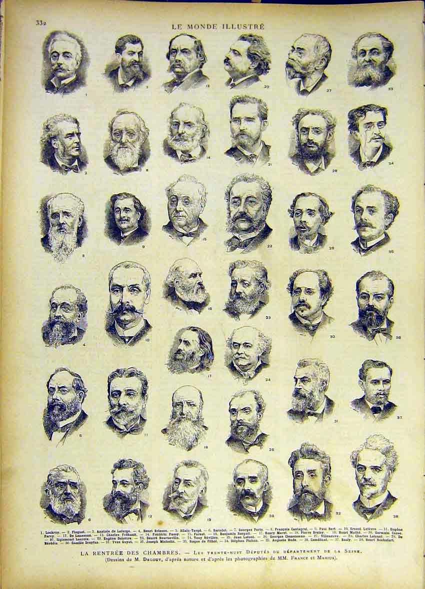 Original Old Antique Print Seine Franch France Portrait Chambers Government 1885
