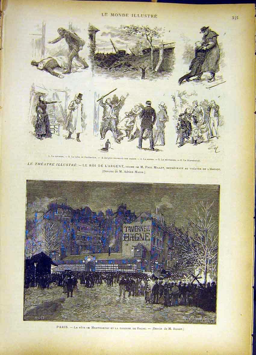Original Old Antique Print GKing Millet Theatre Scene Paris Montmartre Fete