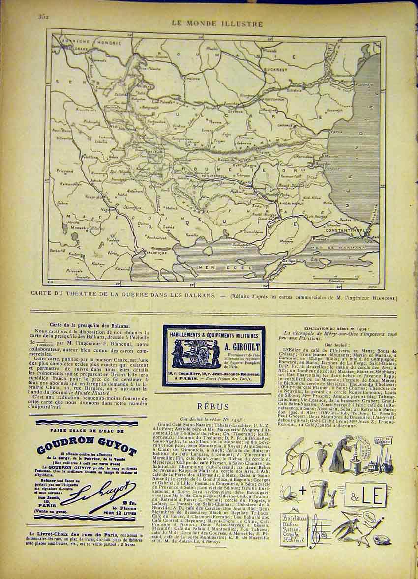 Original Old Antique Print Map Theatre War Balkans Chart French 1885 Victorian