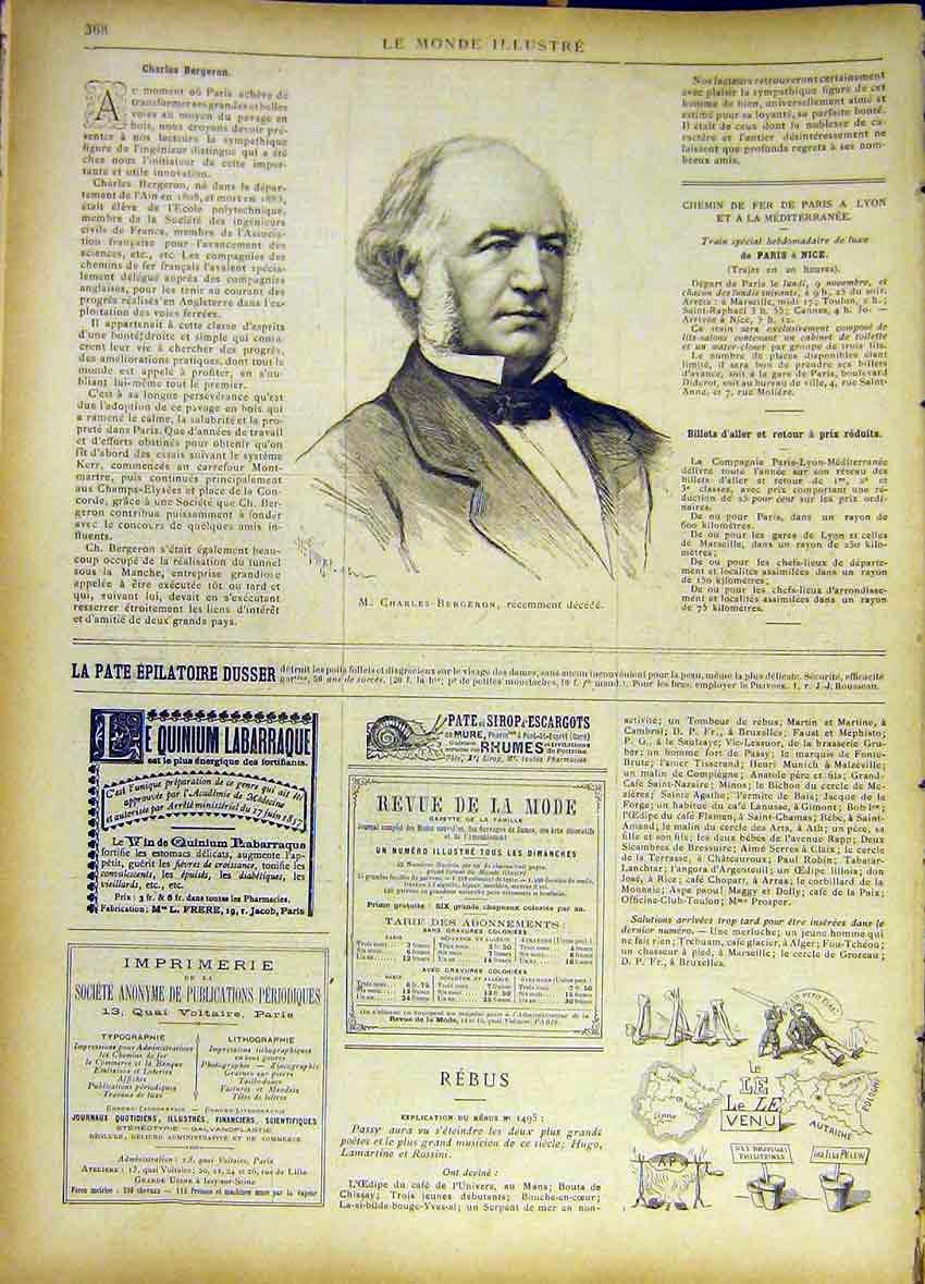 Original Old Antique Print Portrait Bergeron Civil Engineer French 1885 19th