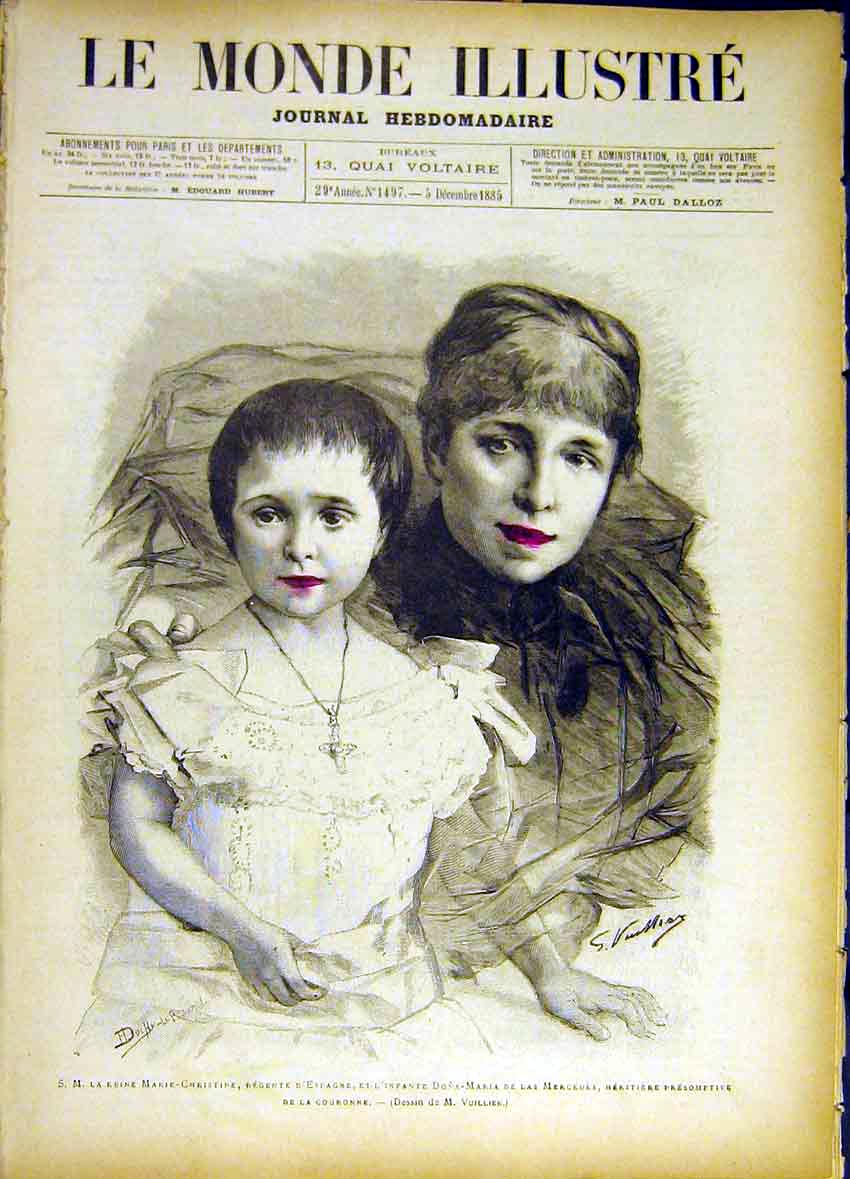 Original Old Antique Print Portrait Spanish Mercedes Dona-Maria Marie-Christine