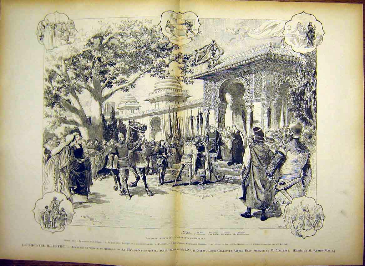 Original Old Antique Print Theatre Rodrigue Alhambra Grenade Scene 1885 19th