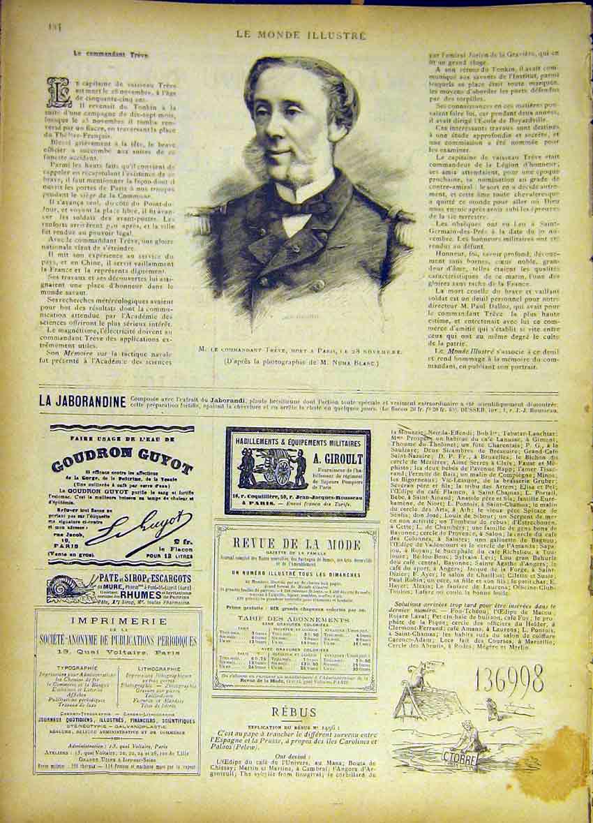 Original Old Antique Print Portrait Commander Treve Paris French 1885 Victorian