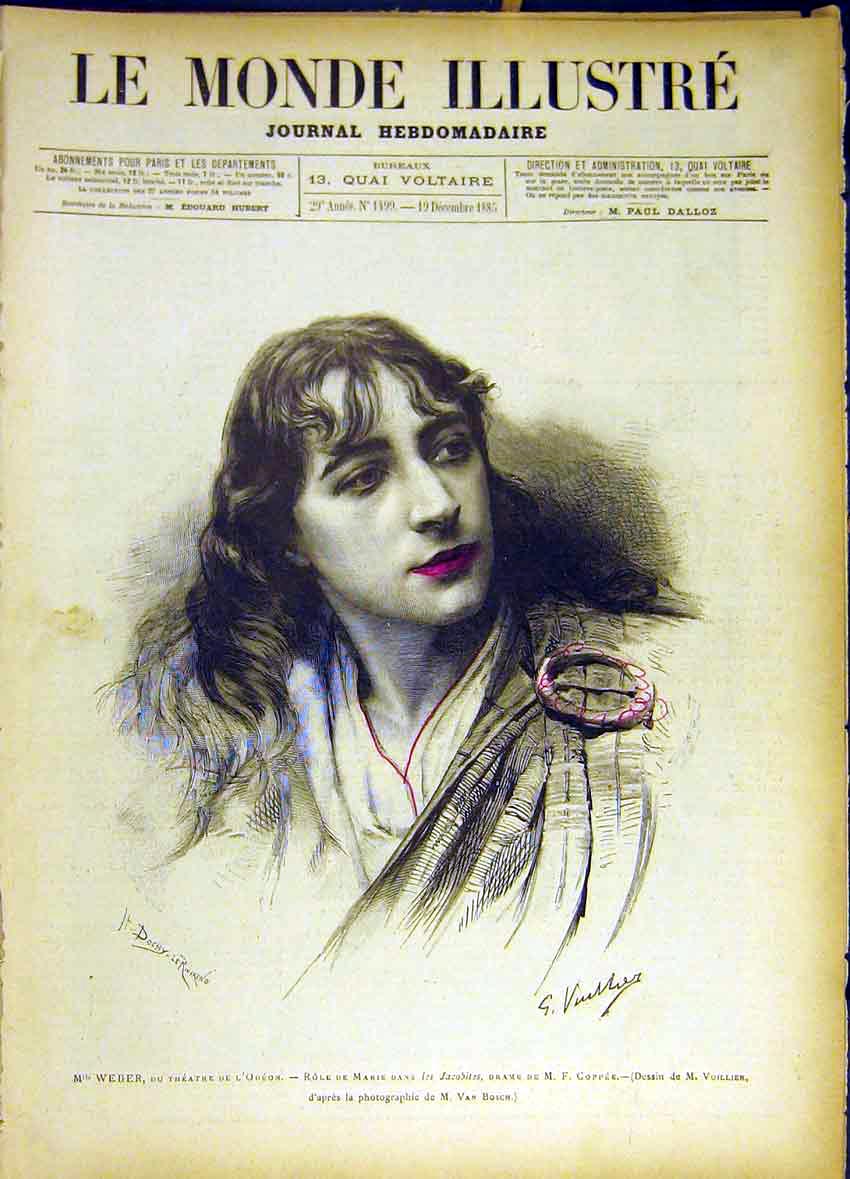 Original Old Antique Print Portrait Weber Theatre Odeon French 1885 Victorian