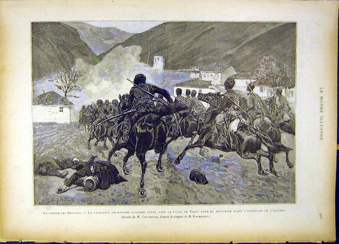 Original Old Antique Print War Balkans Cavalry Volunteers Pirot Arsenal 1885