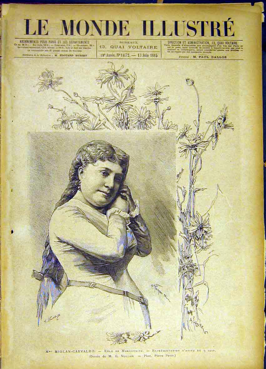 Original Old Antique Print Portrait Miolan-Carvalho Marguerite French 1885 19th