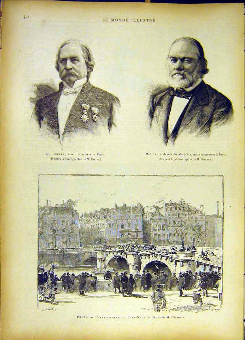 Original Old Antique Print Portrait Bouley Lorois Paris Pont-Neuf Seine 1885