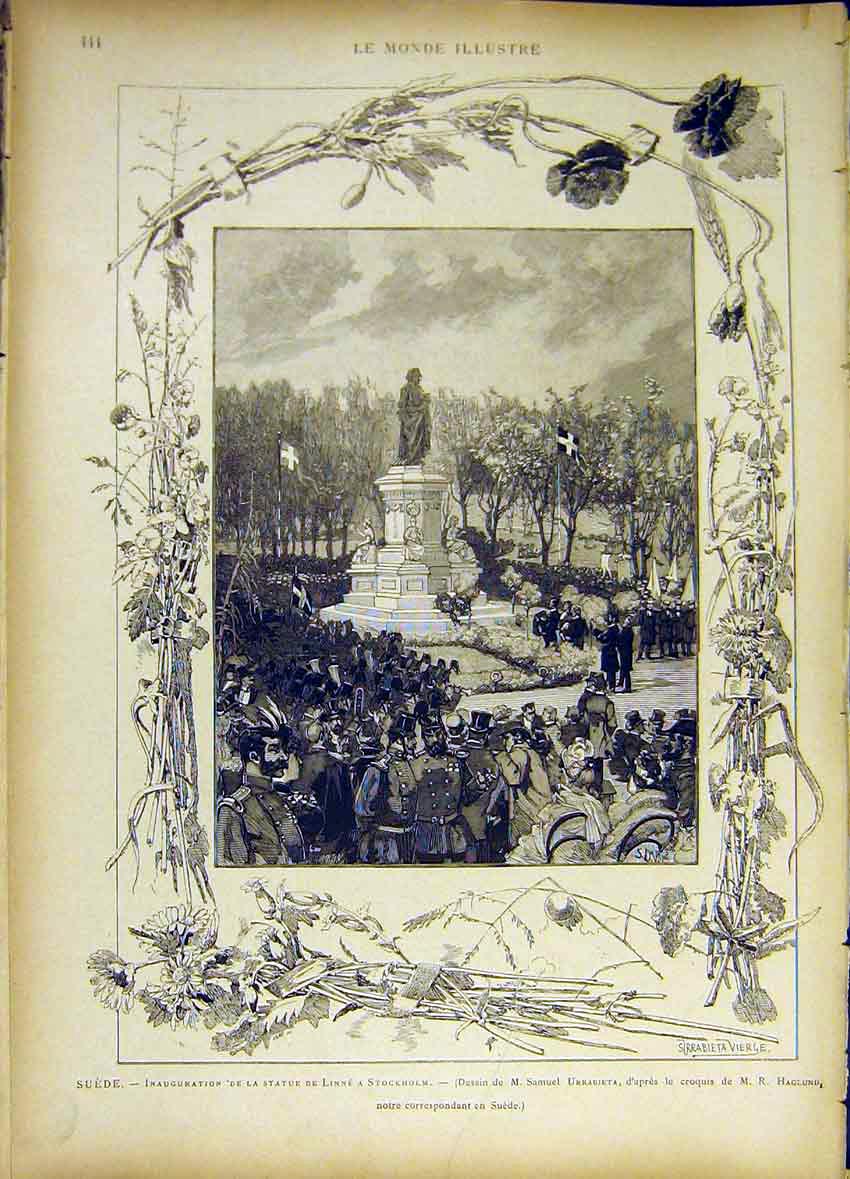 Original Old Antique Print Sweden Stockholm Statue Linne Urrabieta 1885 19th