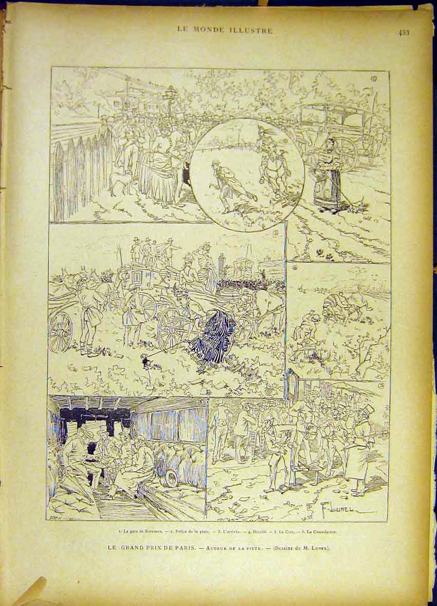 Original Old Antique Print Grand-Prix Paris France Piste French 1885 Victorian