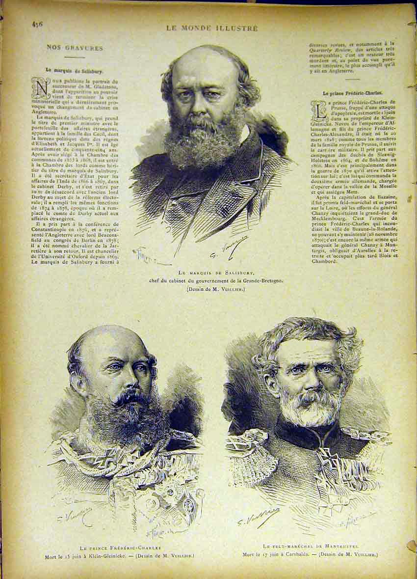 Old Antique Print Portrait Marquis Salisbury Frederic-Charles Manteuffel