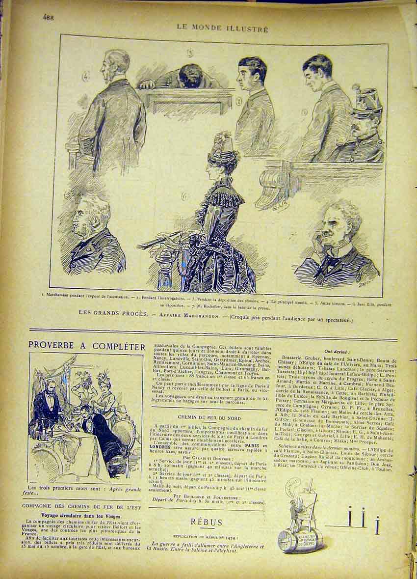 Original Old Antique Print Marchandon Court Sketches Rochefort French 1885 19th