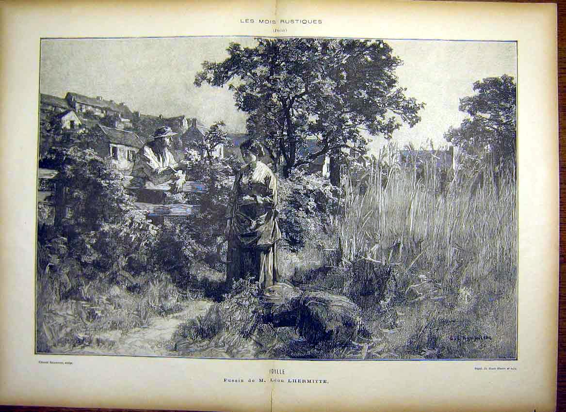 Original Old Antique Print Idyl Lhermitte Farmer Lady Country Fine Art 1885