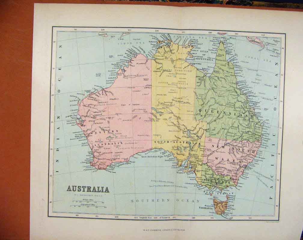 Original Old Antique Print Chambers Encyclopaedia C1888 Map Australasia 19th