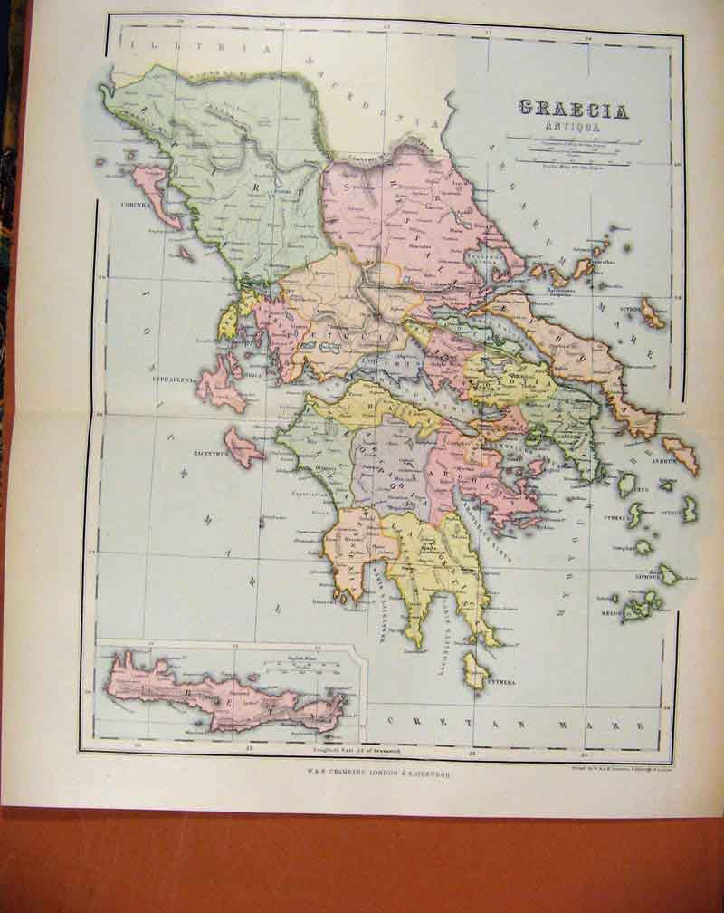 Original Old Antique Print Graecia Antiqua Chambers Encyclopaedia Map C1888 19th