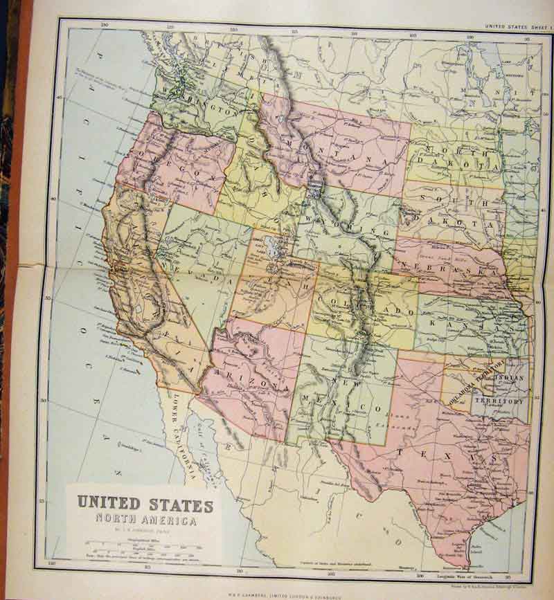 Old Antique Print United States North America Map Chambers Encyclopaedia