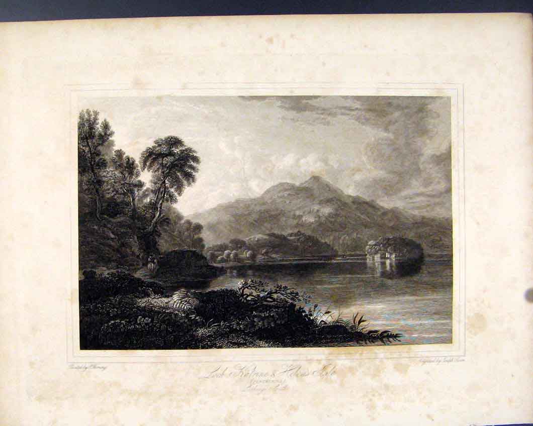 Original Old Antique Print Loch Katrine Helens Isle Perthshire Scotland