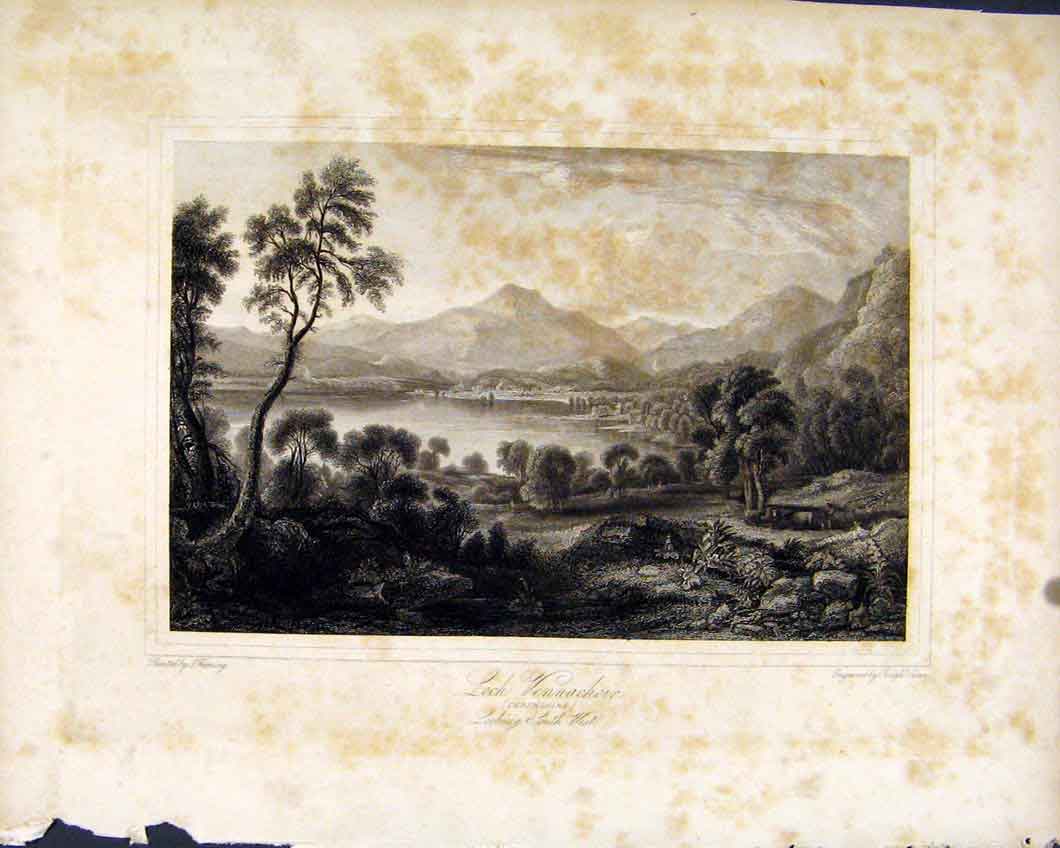 Original Old Antique Print C1836 Loch Vennachoir Scotland Perthshire 19th