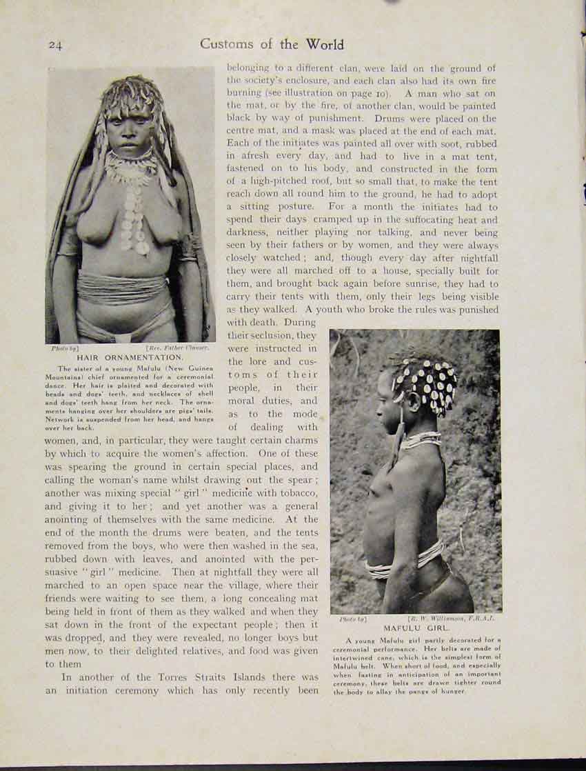 Original Old Antique Print Hair Ornamentation Mafulu New Guinea Mountains