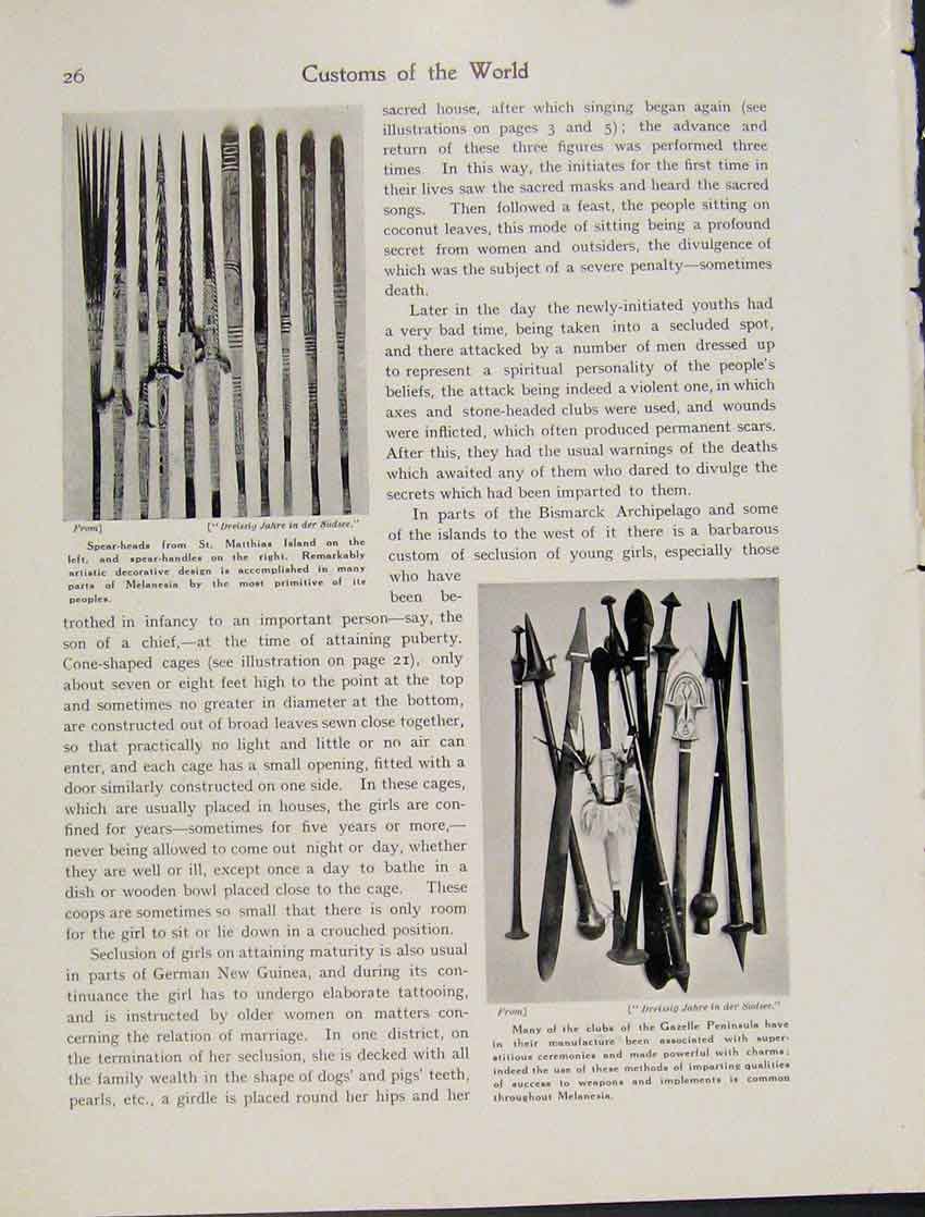 Old Antique Print Spear Heads St Matthias Island Melanesia Clubs Gazelle