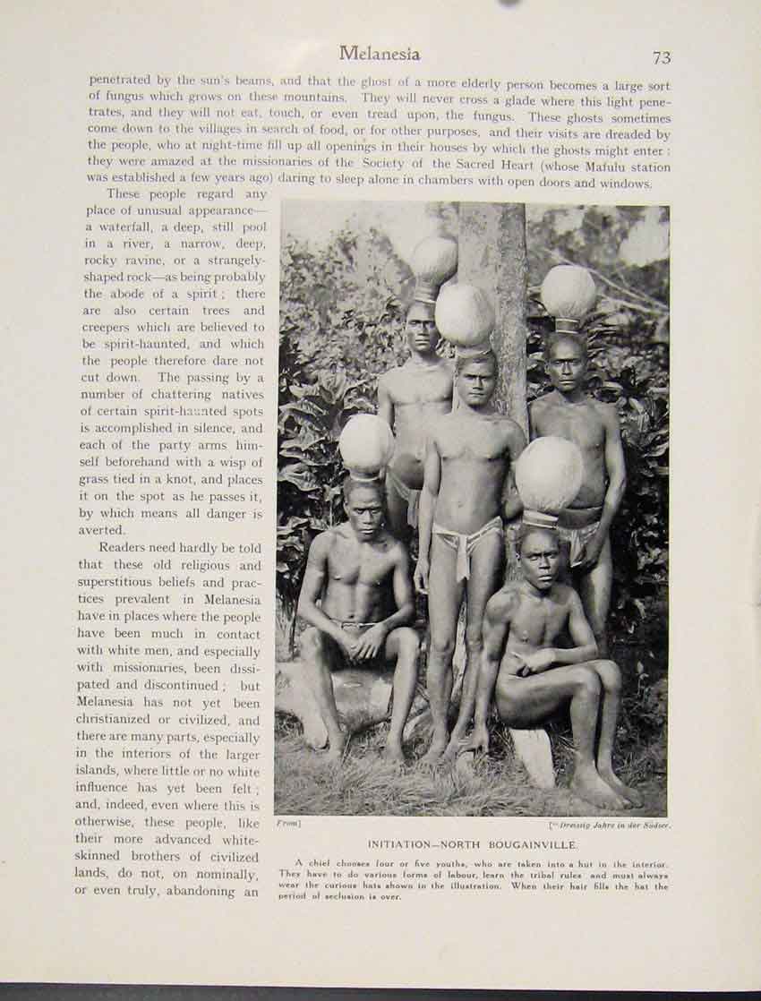 Original Old Antique Print Initiation North Bougainville Chief Melanesia