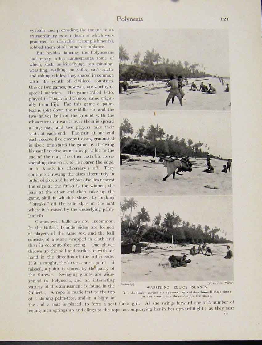 Original Old Vintage Print Polynesia Wrestling Ellice Islands Photo C1931 20th