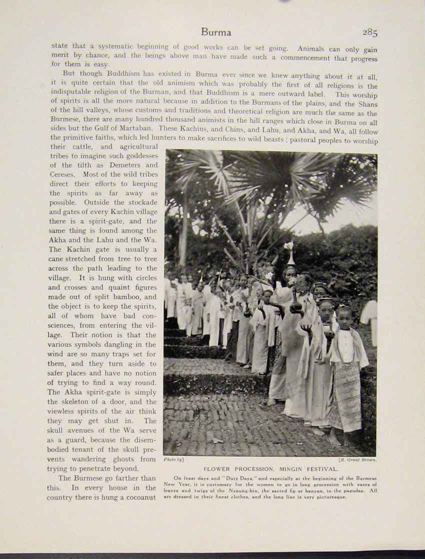 Original Old Antique Print Flower Procession Mingin Festival Burmese Photo