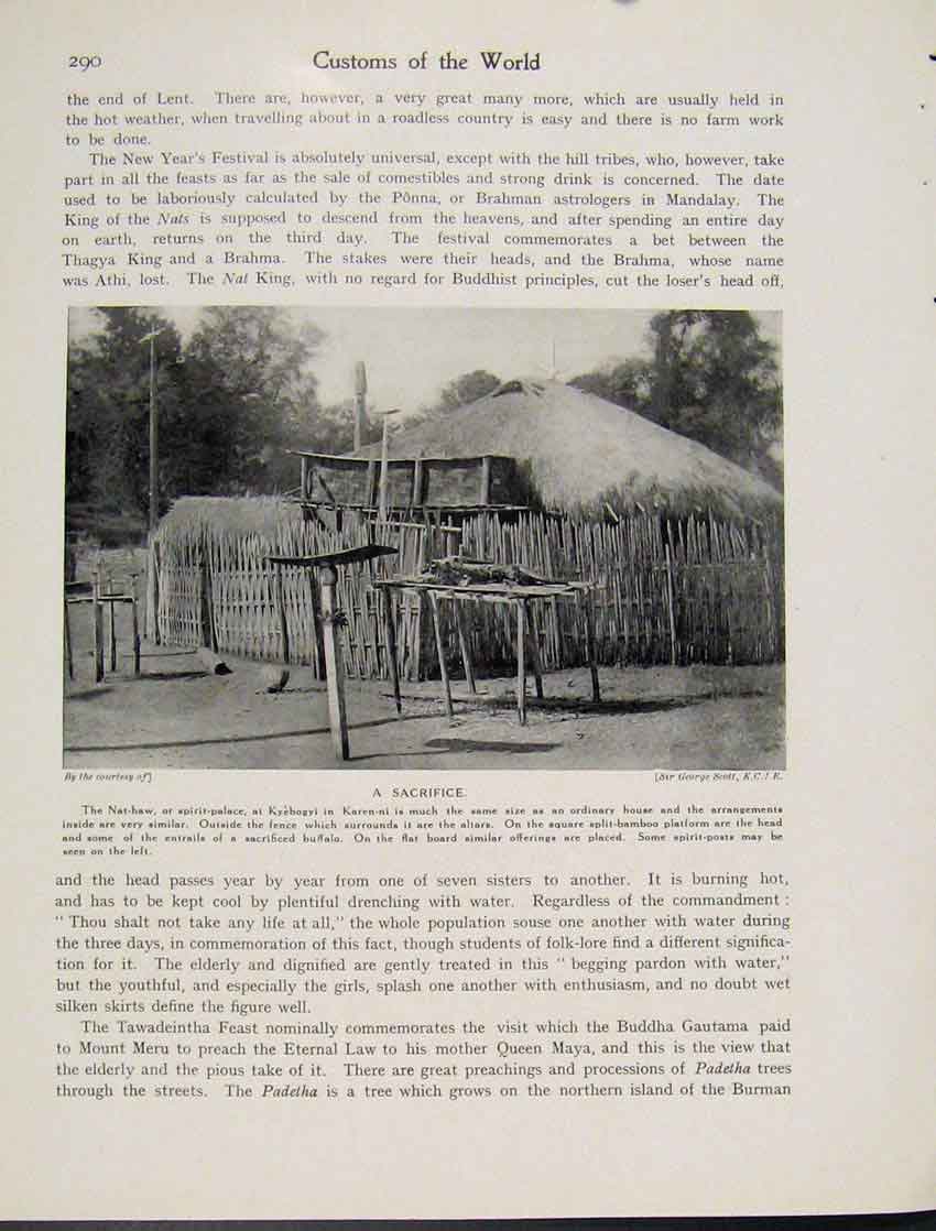 Old Antique Print Sacrifice Nat Haw Spirit Palace Buddhist Mandalay Photo
