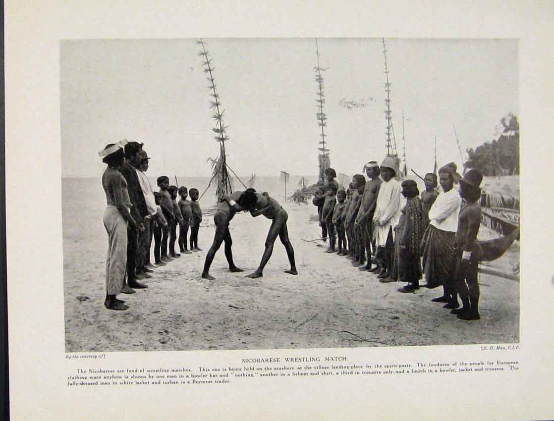 Original Old Vintage Print Nicobarese Wrestling Match Photograph C1931 20th