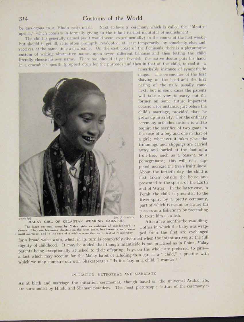 Original Old Vintage Print Malay Girl Kelantan Ear Stud Photograph C1931 20th