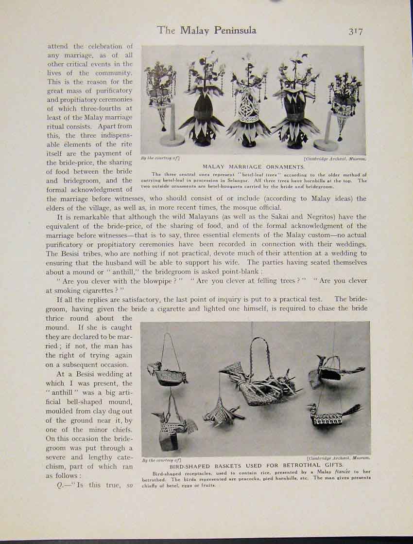 Original Old Antique Print Malay Peninsula Marriage Ornaments Baskets Photo 18th
