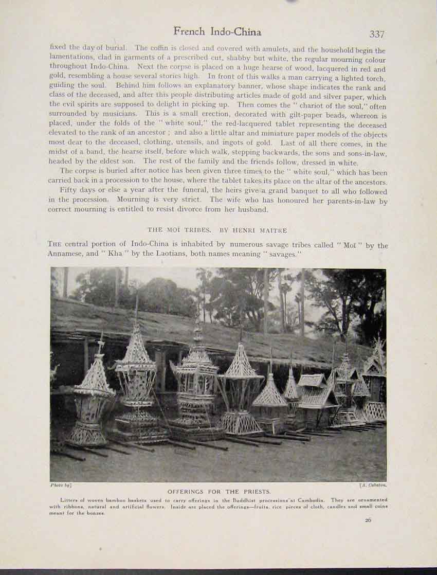 Original Old Antique Print Offerings Priests Buddhist Processions Cambodia