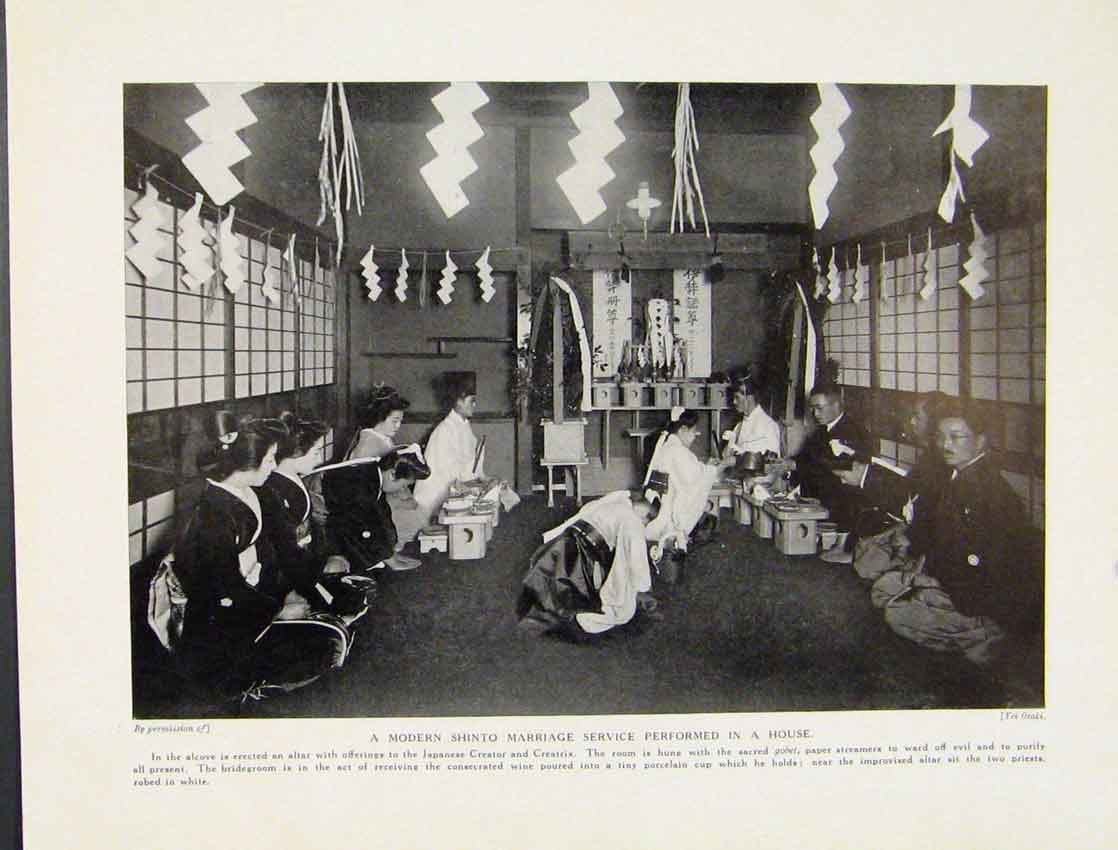 Original Old Antique Print Modern Shinto Marriage Service Performed In House