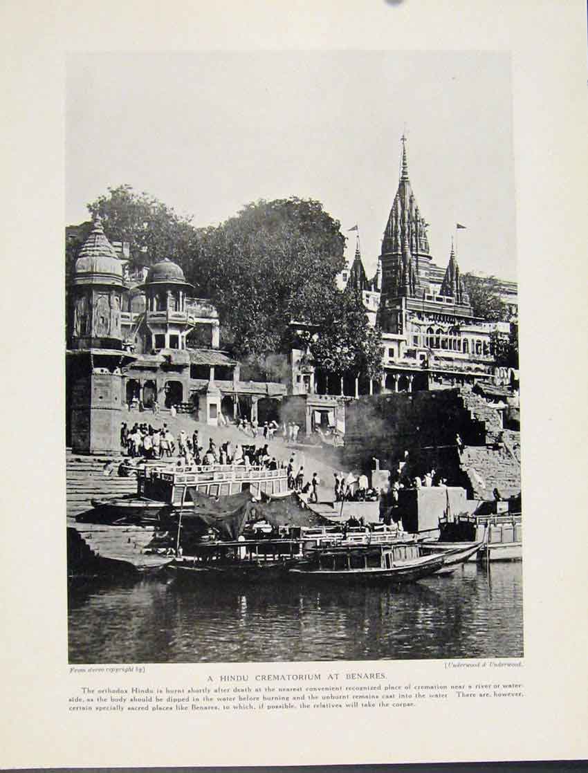 Original Old Vintage Print Hindu Crematorium Benares River Temple Boat C1931