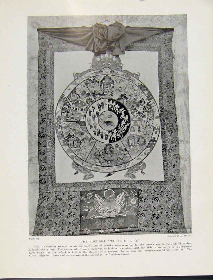 Original Old Vintage Print Budddhist Wheel Life Photograph C1931 Religious 20th