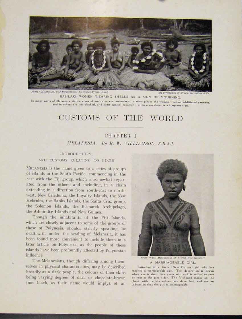 Original Old Antique Print Melanesia Basilaki Woman Mourning Marriage Girl