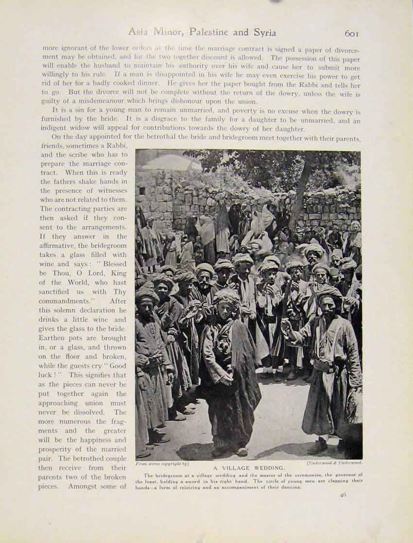 Original Old Antique Print Village Wedding Bridegroom Asia Palestine Syria