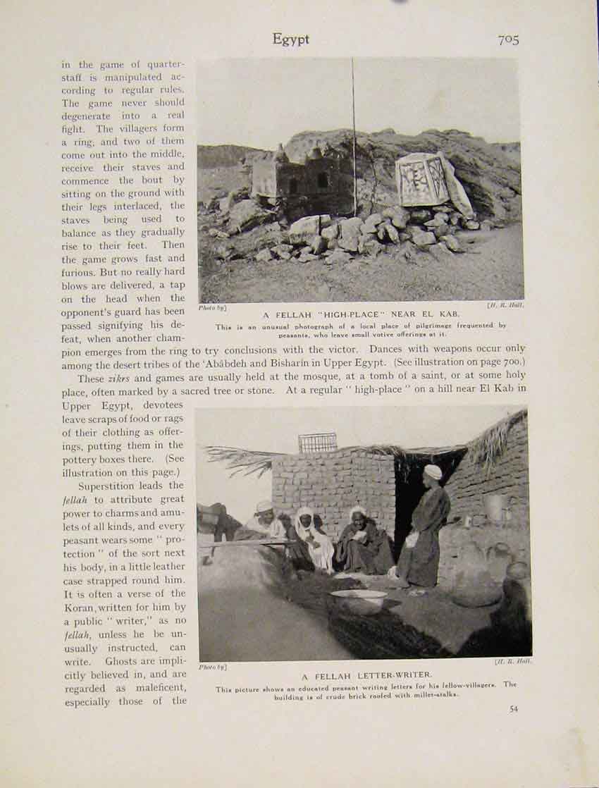 Original Old Antique Print Egypt Fellah High Place El Kab Letter Writter