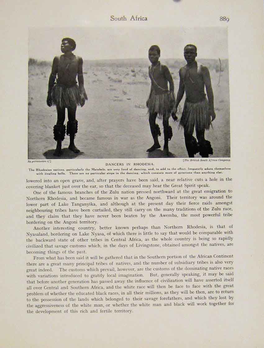 Original Old Antique Print Dancers Rhodesia Zimbabwe Matabele Tribe