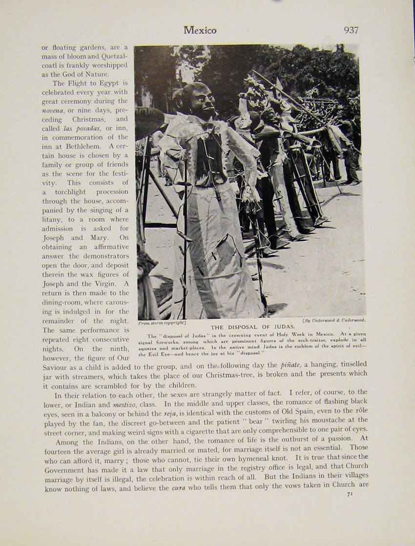 Original Old Antique Print Mexico Judas Disposal Holy Week Fireworks March
