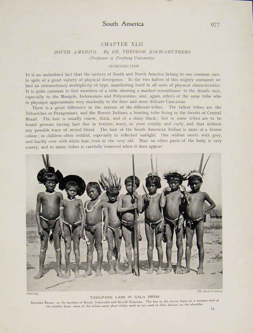 Original Old Vintage Print Taulipang Lads Gala Dress South America C1931 20th
