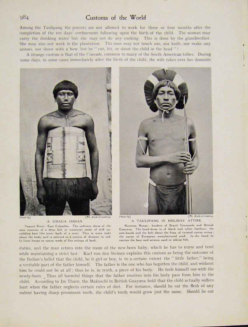 Original Old Antique Print Umaua India Taulipang Holiday Attire South American